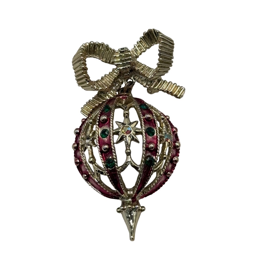 Vintage Christmas Ornament Brooch Red Green Rhinestone Gold Tone Bow Pin Holiday